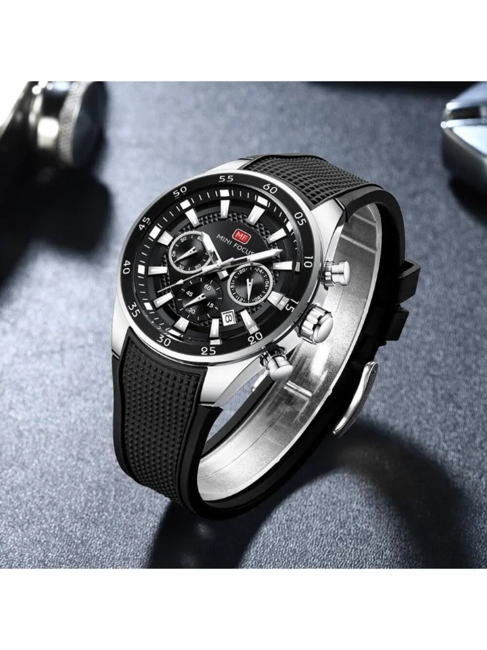 Men Black Silver Silicon Band Chronograph Waterproof Luminous Unique Wrist Watch